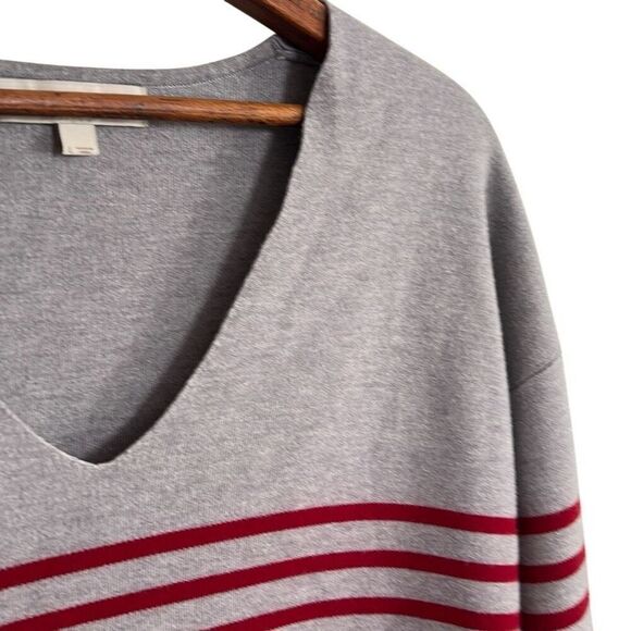 Loft Stripe V-Neck Long Sleeve Knit Pullover Sweater Gray Red Size Large - Picture 3 of 6
